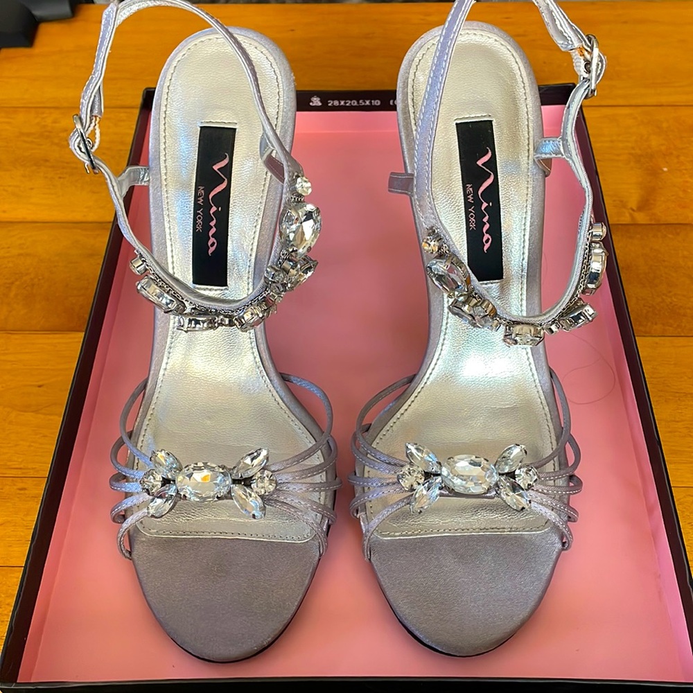 Nina “Cara” Silver and Rhinestone Formal High Heel Shoe